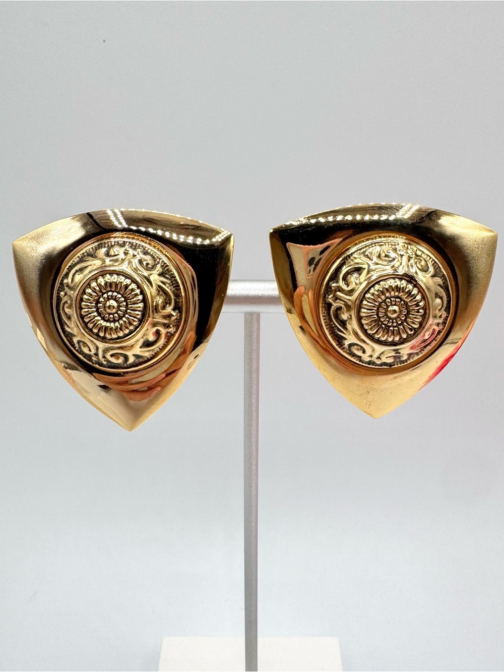 Vintage Big Medallion Shield Clip Earrings Triangle Gold Tone Runway Statement